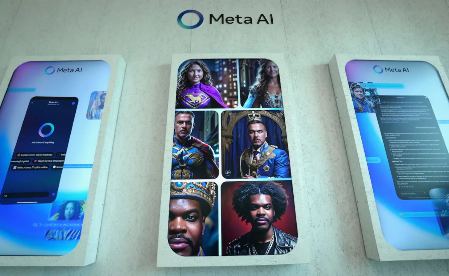 A logo of Meta AI sits on a wall with other pictures at the company's House during the 55th annual meeting of the World Economic Forum in Davos, Switzerland, January 24, 2025. REUTERS/Yves Herman 