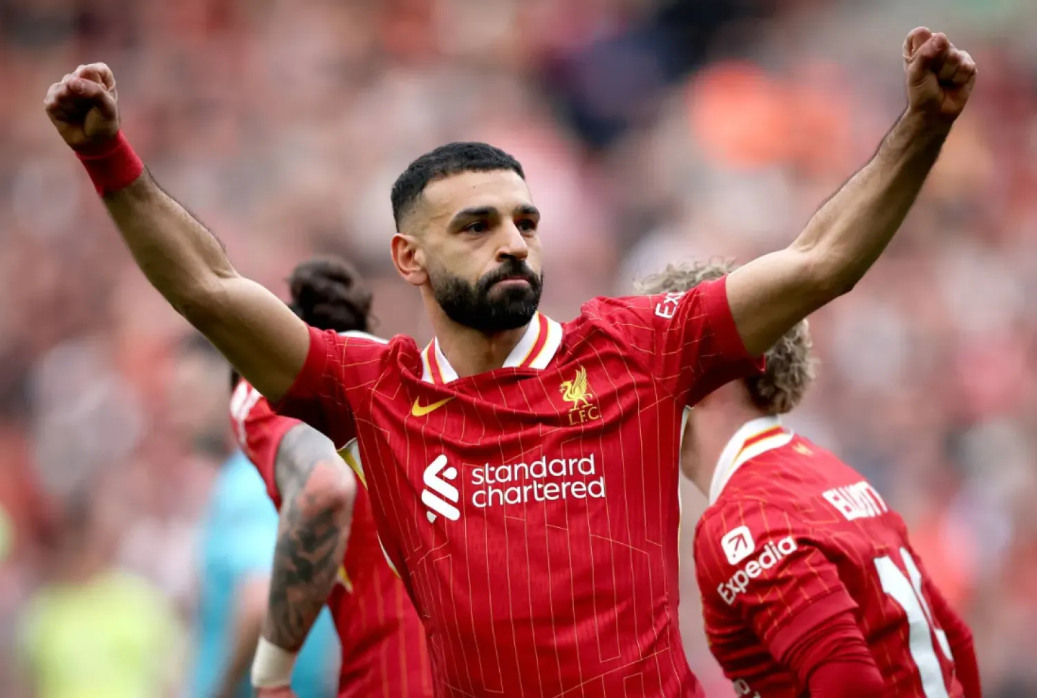 (FILE) - Mohamed Salah of Liverpool celebrates scoring the 2-1 goal during the English Premier League match between Liverpool FC and Southampton FC, in Liverpool, Britain, 08 March 2025. EPA/ADAM VAUGHAN
