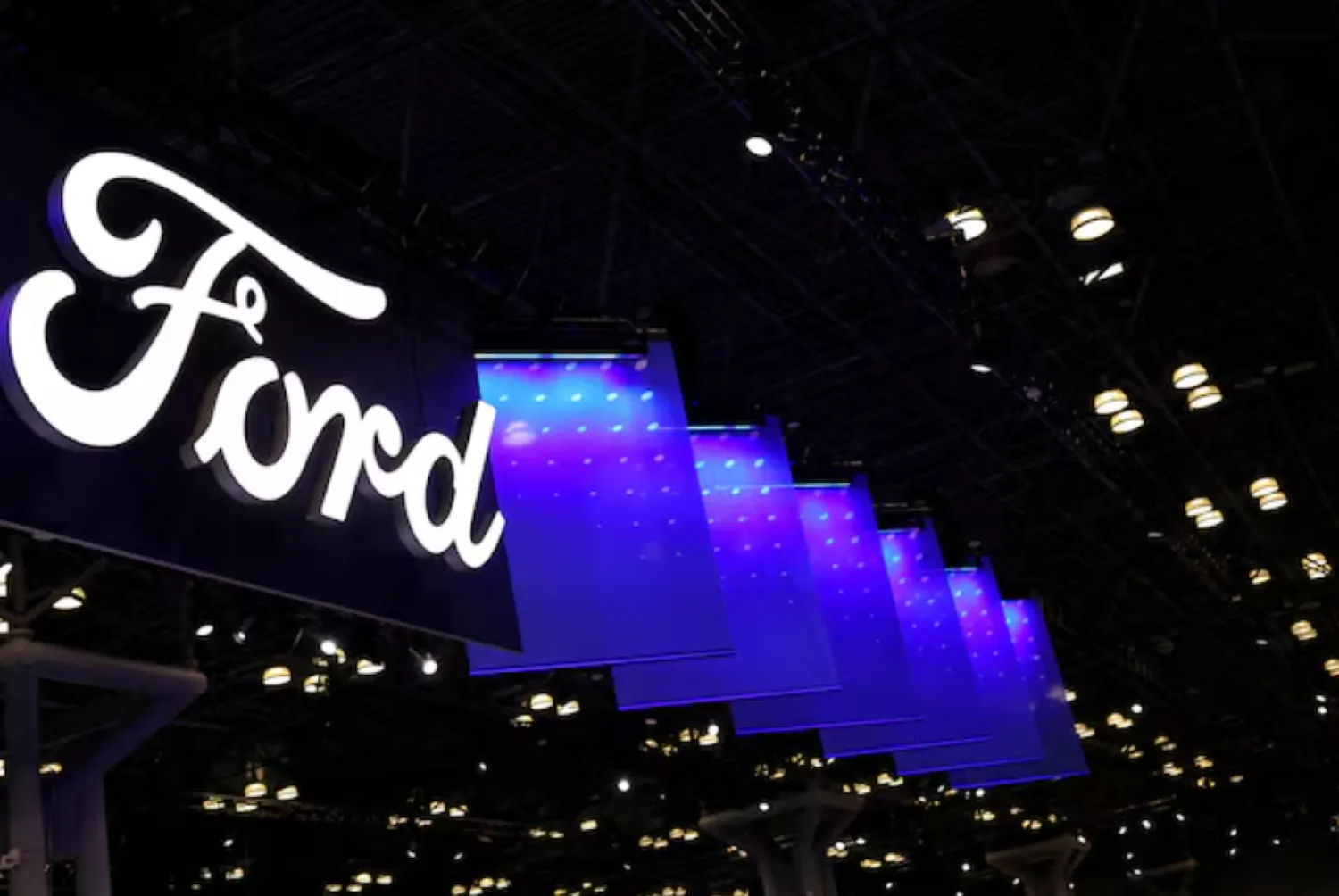 A Ford automobile logo is seen during the New York International Auto Show Press Preview in New York City, US, April 16, 2025. REUTERS/Shannon Stapleton/File Photo 