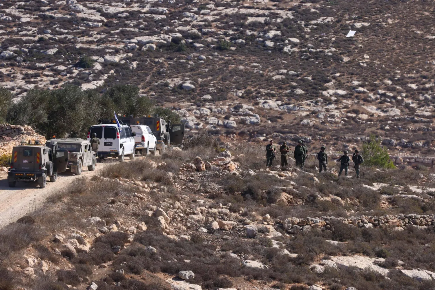 Israeli soldiers take position as Palestinians harvest olives in the occupied West Bank village of Turmus Ayya, on the outskirts of Ramallah, on October 20, 2025. (Photo by Hazem BADER / AFP)