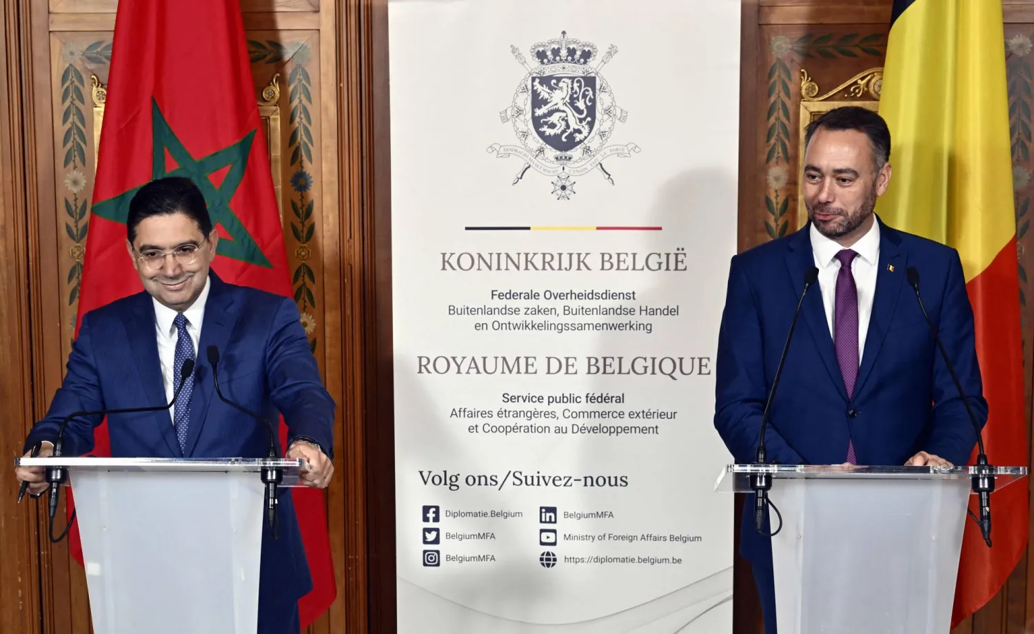 Morocco's Foreign Minister Nasser Bourita (L) and Belgium's  Deputy Prime Minister and Foreign Minister, Maxime Prevot, attend the signing of an agreement between Belgium and Morocco on security, justice and migration, at the Egmont Palace in Brussels, on October 23, 2025. (Photo by ERIC LALMAND / Belga / AFP)

