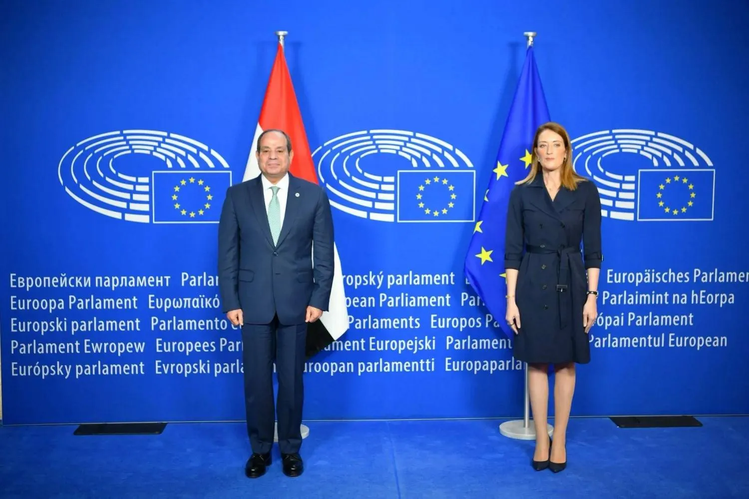 Egyptian President Abdel Fattah al-Sisi met with the President of the European Parliament, Roberta Metsola, in Brussels on Thursday (Egyptian Presidency) 