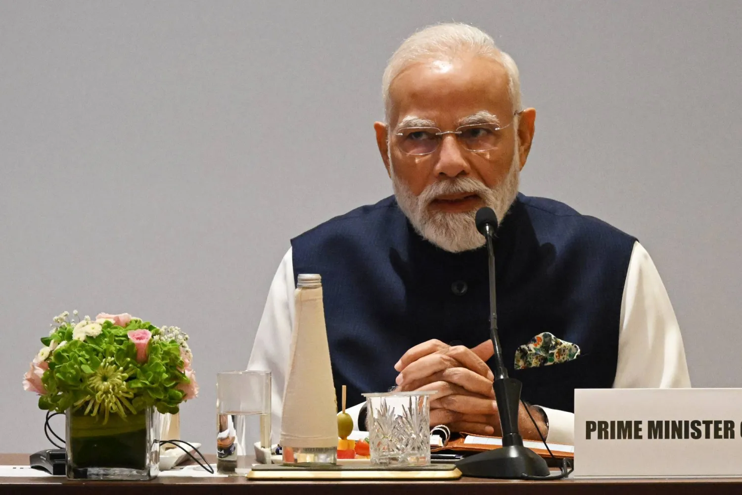 Indian Prime Minister Narendra Modi attends the India-UK CEO Forum at Jio World Convention Centre in Mumbai, India, Thursday, Oct. 9, 2025.  (Leon Neal/Pool Photo via AP)