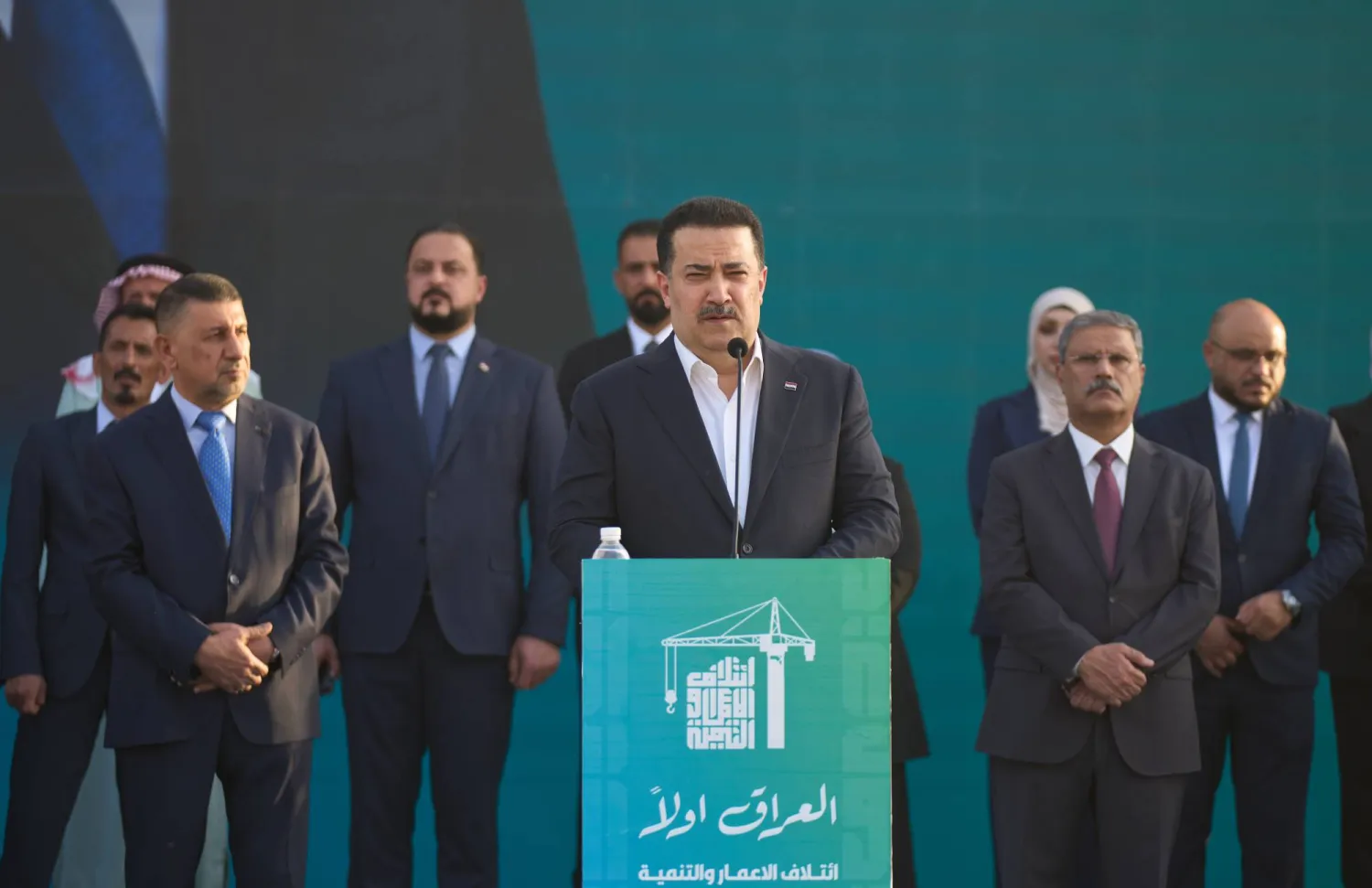 Prime Minister Mohammed Shia al-Sudani speaks at his political block campaign rally before the parliamentary elections in Mosul, Iraq, Oct. 18, 2025. (AP)
