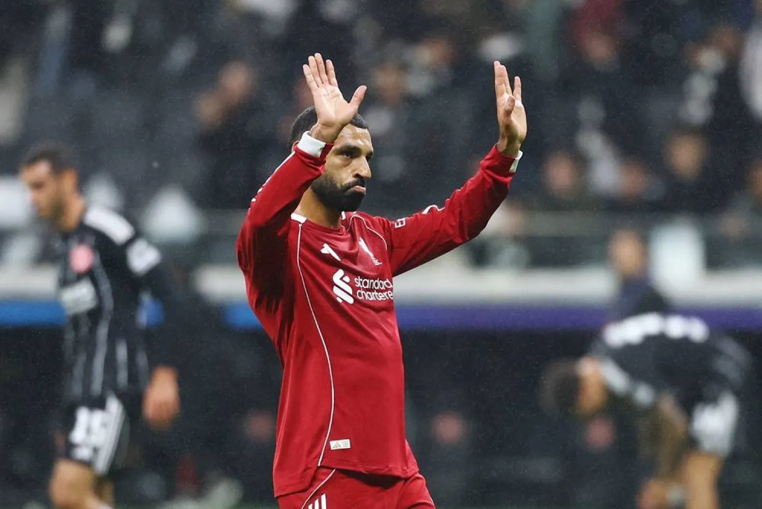  Soccer Football - UEFA Champions League - Eintracht Frankfurt v Liverpool - Deutsche Bank Park, Frankfurt, Germany - October 22, 2025 Liverpool's Mohamed Salah celebrates after the match. (Reuters)