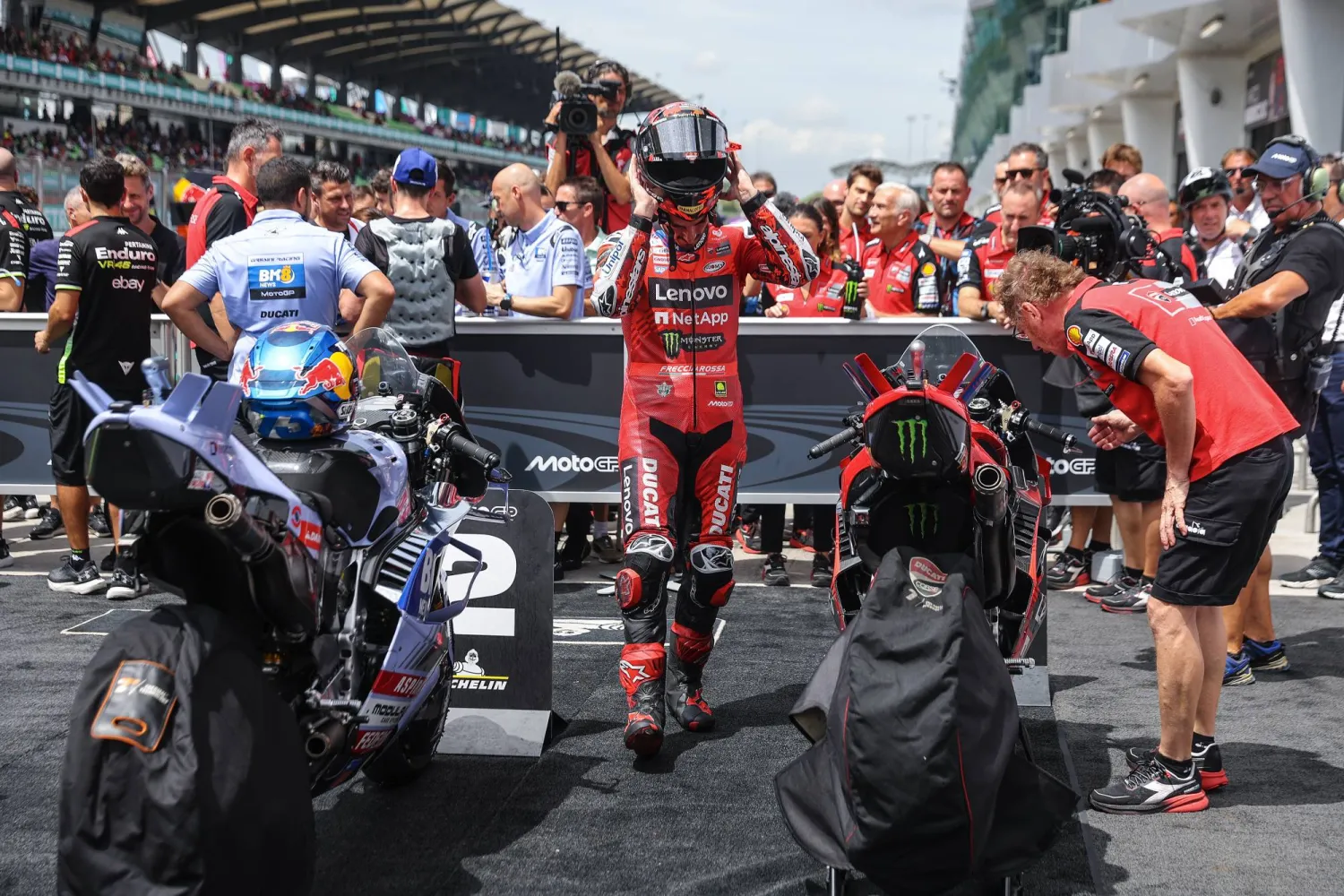 Italian MotoGP rider Francesco Bagnaia of Ducati Lenovo Team reacts after getting pole position on qualifying sessions of the Malaysia Motorcycling Grand Prix in in Sepang, Malaysia, 25 October 2025. The 2025 Motorcycling Grand Prix of Malaysia is held at the Sepang International Circuit on 26 October.  EPA/FAZRY ISMAIL