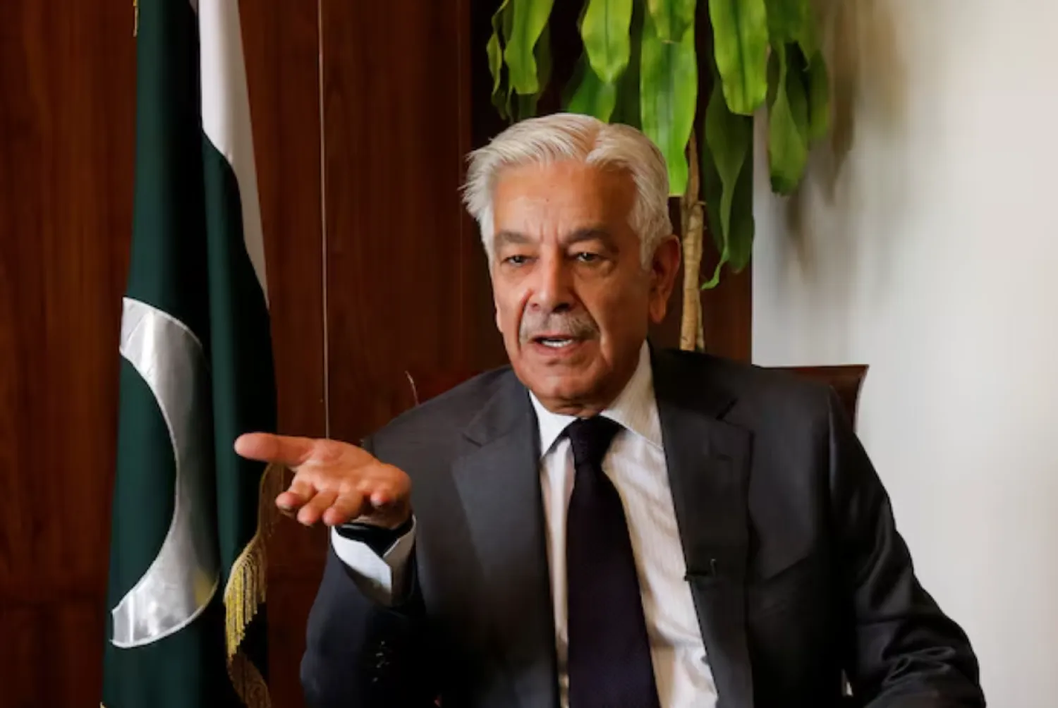 Pakistan's Defense Minister Khawaja Muhammad Asif speaks during an interview with Reuters in Islamabad, Pakistan, October 20, 2025. REUTERS/Salahuddin