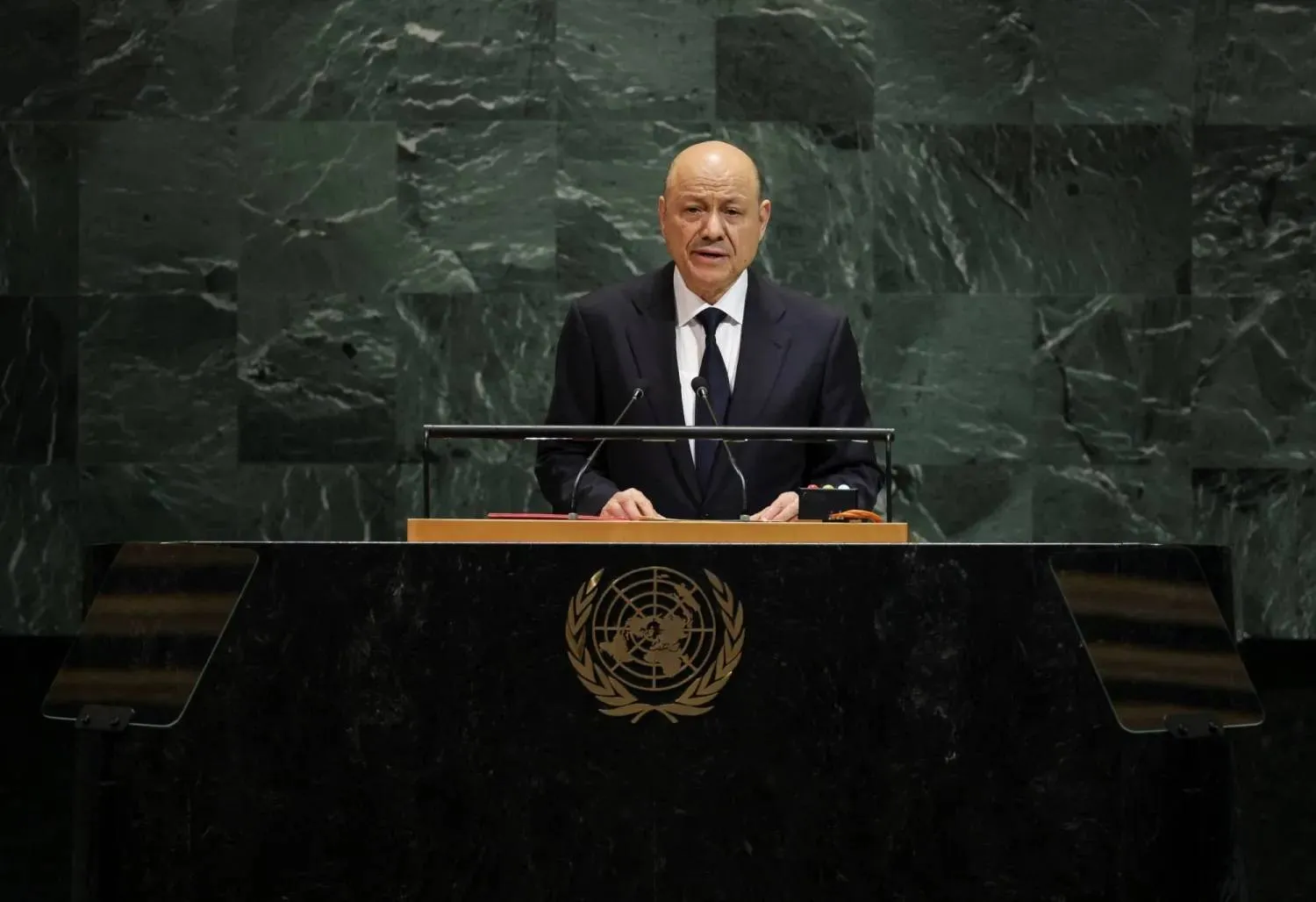 Chairman of Yemen’s Presidential Leadership Council Dr. Rashad al-Alimi speaks at the UN General Assembly in September. (Reuters)
