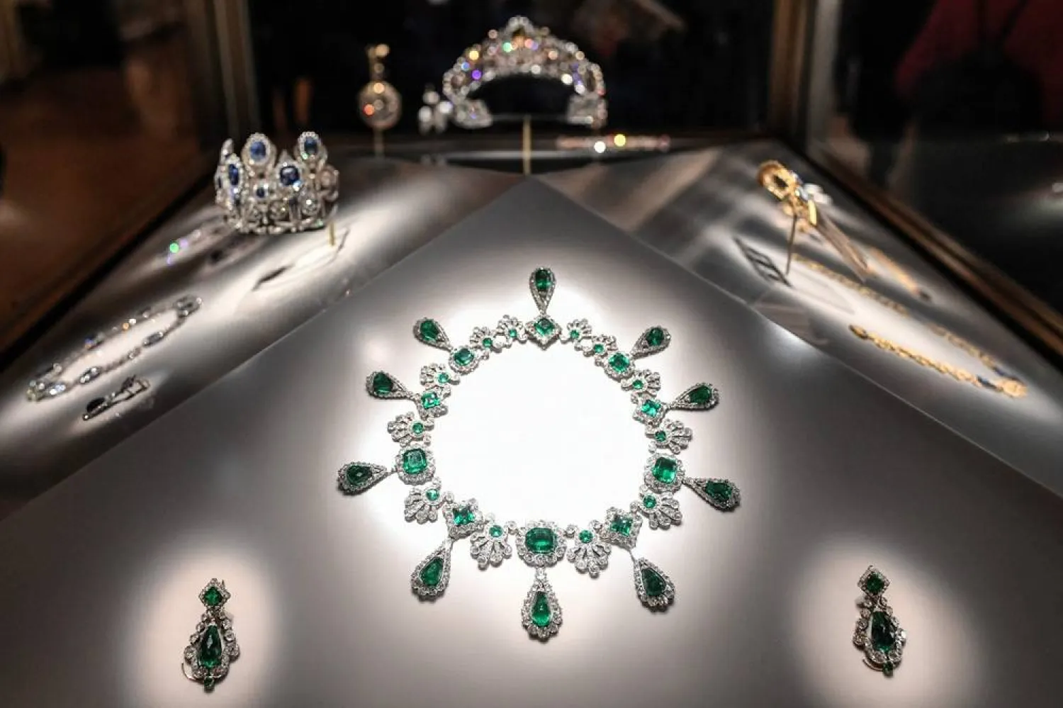 This photograph shows the necklace and earrings of the set of jewelry of Empress Marie-Louise displayed at Apollon's Gallery on January 14, 2020 at the Louvre museum in Paris after the reopening of the Gallery following ten months of renovations. (AFP) 