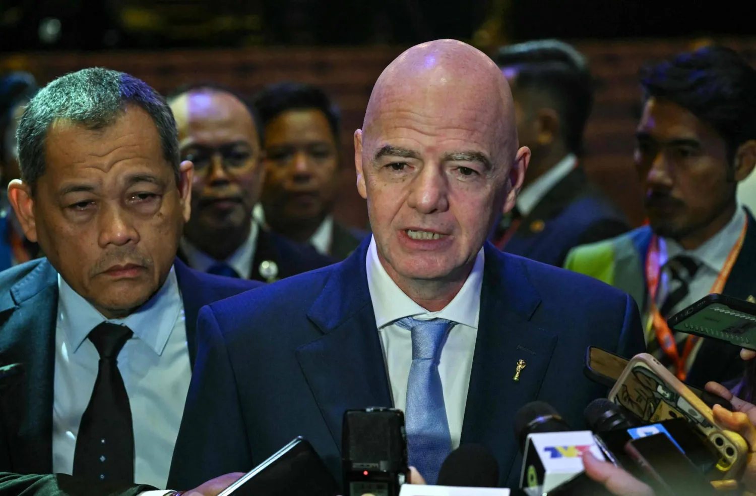 FIFA President Gianni Infantino speaks to the press after attending the signing ceremony of the ASEAN – FIFA memorandum of understanding (MOU) on the sidelines of the 47th Association of Southeast Asian Nations (ASEAN) Summit in Kuala Lumpur on October 26, 2025. (Photo by ARIF KARTONO / AFP)