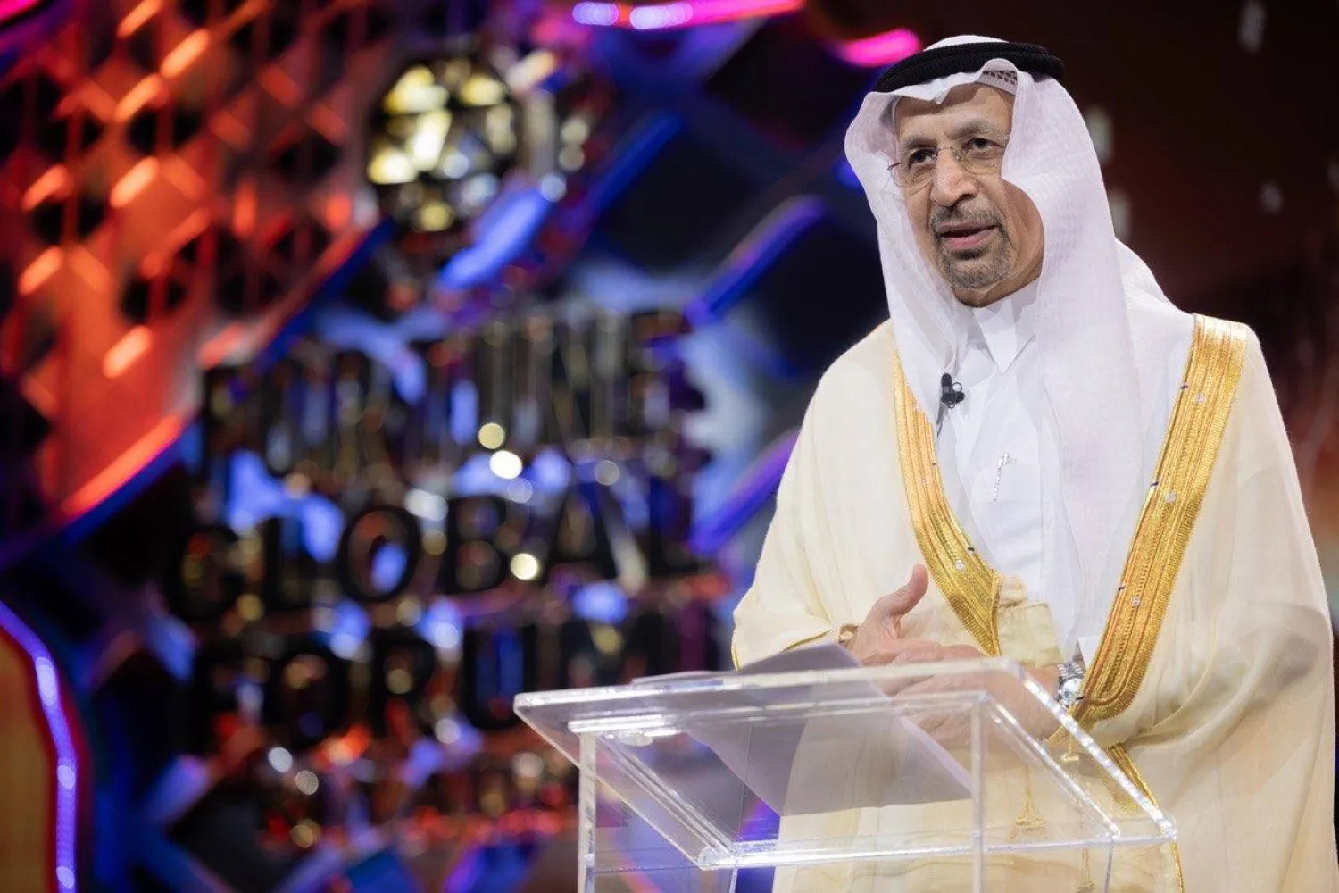 Saudi Investment Minister Khalid Al-Falih speaks at the Fortune Global Forum 2025 in Riyadh on Sunday. (Saudi Ministry of Investment)