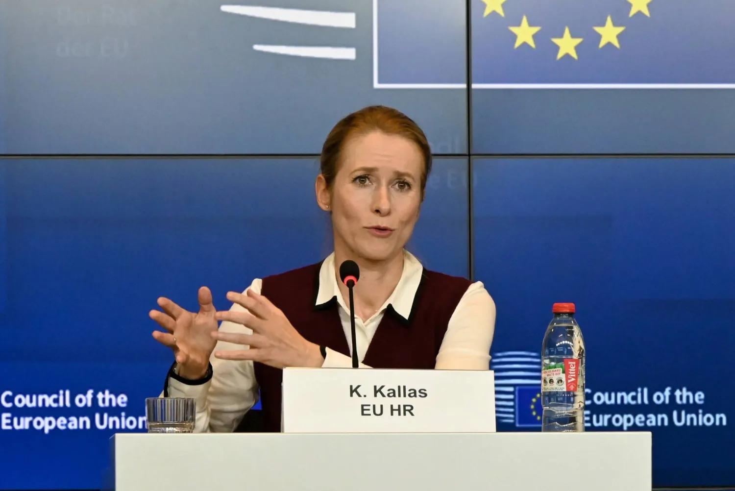 كايا كالاس الممثلة العليا للاتحاد الأوروبي للشؤون الخارجية والسياسة الأمنية تتحدث خلال مؤتمر صحافي عقب اجتماع مجلس الشؤون الخارجية بالاتحاد الأوروبي في لوكسمبورغ... 20 أكتوبر 2025 (د.ب.أ)