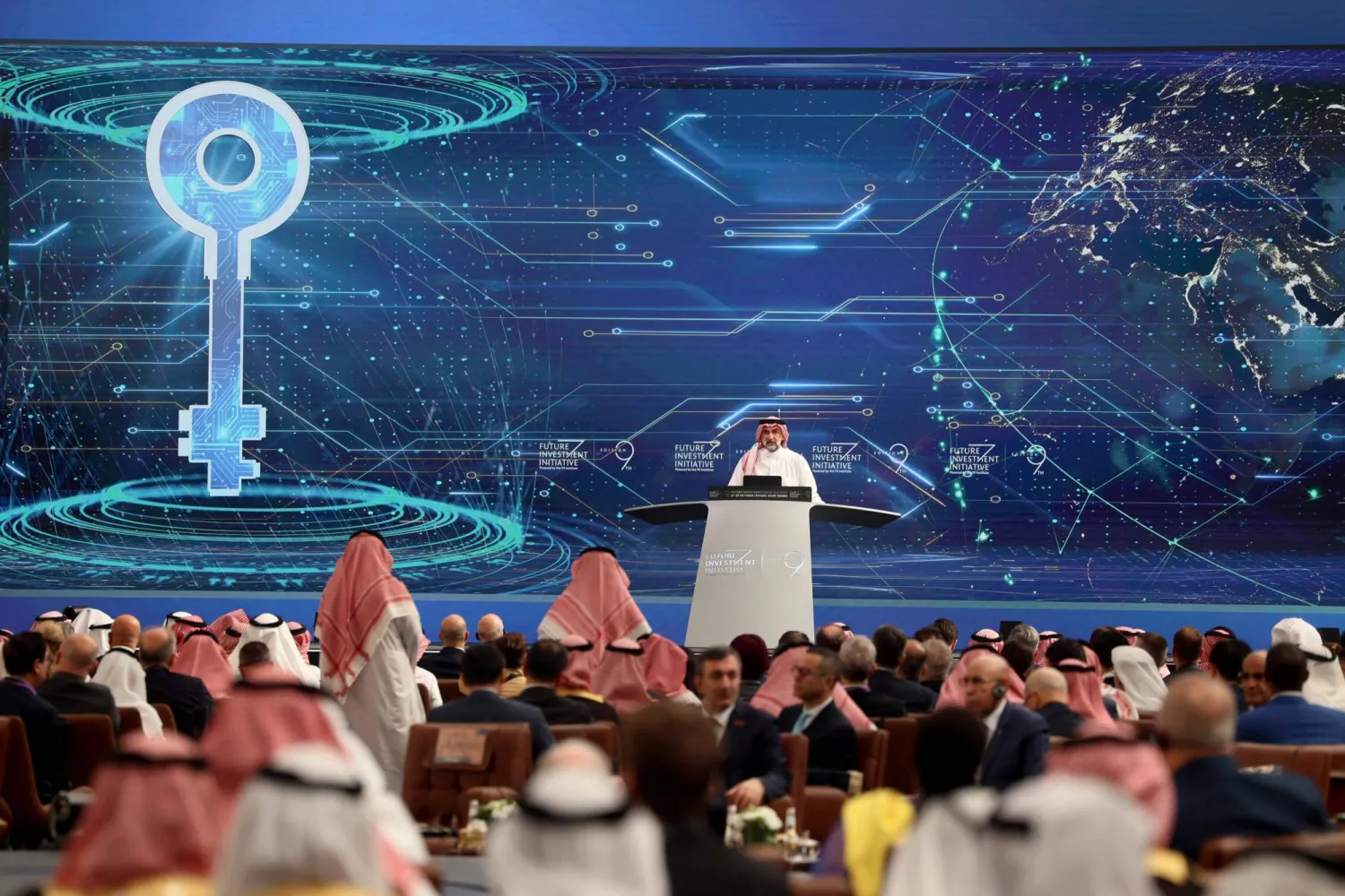 Yasir Al-Rumayyan, head of the Public Investment Fund, Saudi Arabia's influential sovereign wealth fund, addresses the opening ceremony of the Future Investment Initiative, in Riyadh on October 28, 2025. (Photo by Fayez Nureldine / AFP)