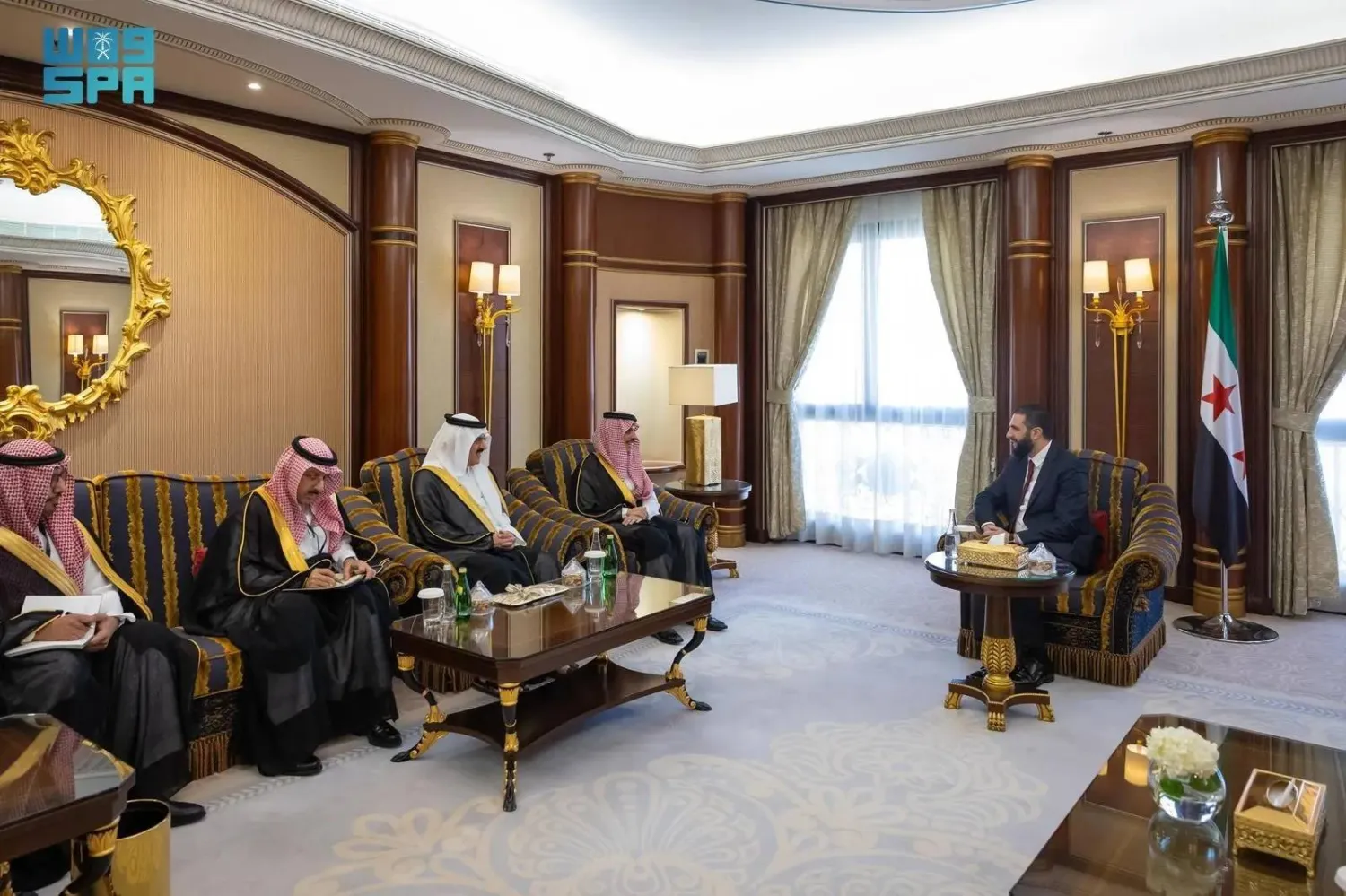 Syrian President Ahmed al-Sharaa meets with Saudi Minister of Foreign Affairs Prince Faisal bin Farhan bin Abdullah and Minister of State and Member of the Cabinet Dr. Musaed bin Mohammed Al-Aiba in Riyadh on Tuesday. (SPA)