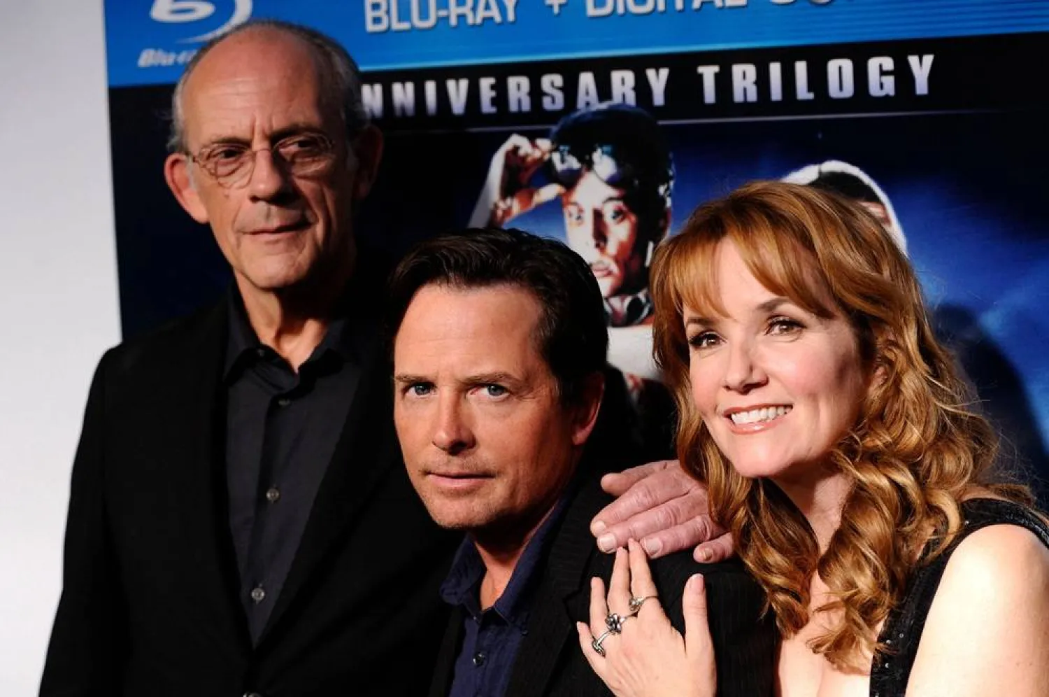 Cast members Christopher Lloyd, from left, Michael J. Fox and Lea Thompson appear at the "Back To The Future" 25th anniversary reunion in New York on Oct. 25, 2010. (AP)