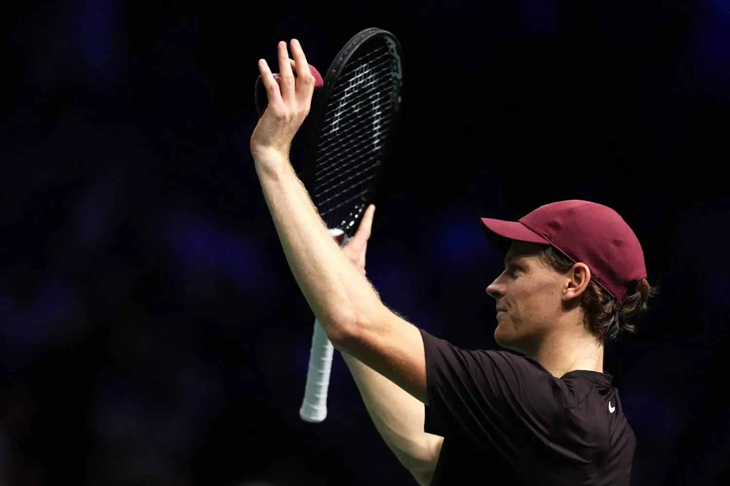 Italy's Jannik Sinner celebrates after winning against Belgium's Zizou Bergs following their men's singles match on day three of the Paris ATP Masters 1000 tennis tournament in Nanterre, on the outskirts of Paris, on October 29, 2025. (Photo by Dimitar DILKOFF / AFP)