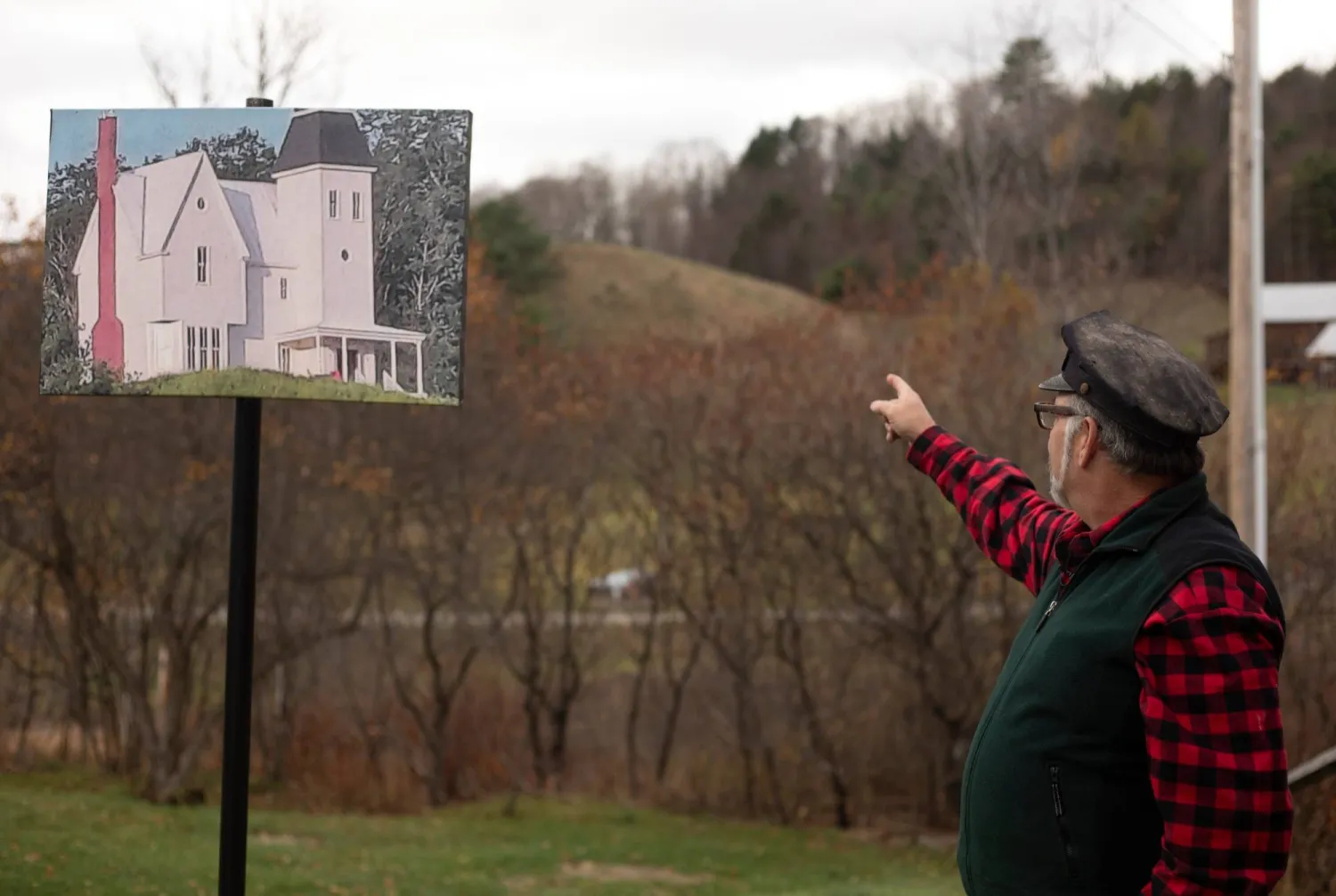 East Corinth resident and Beetlejuice fan Wade Pierson points to the hill where a home was constructed and later taken down for the Beetlejuice films in East Corinth, Vt., Tuesday, Oct. 28, 2025. (AP)