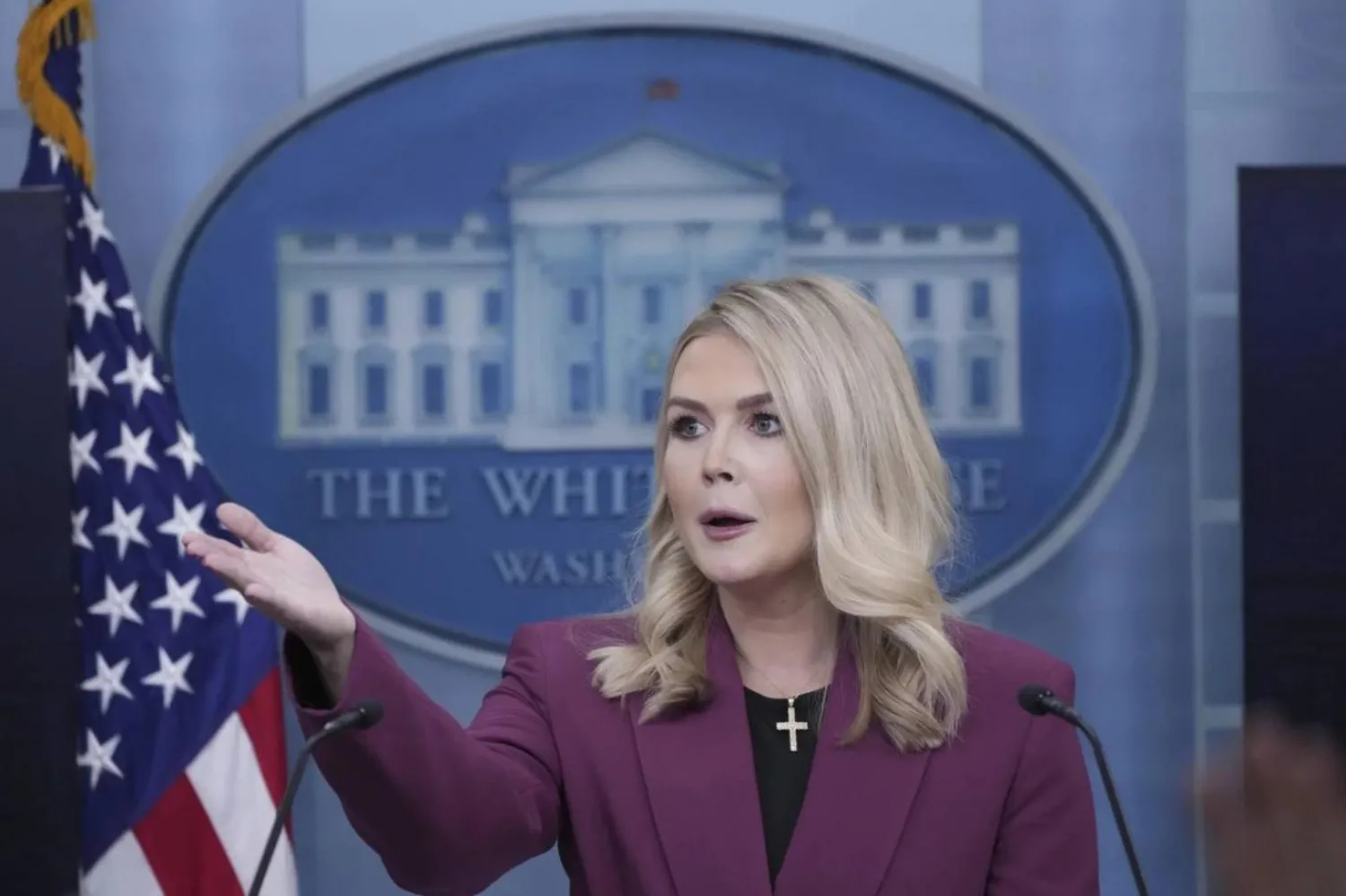 Beyaz Saray Basın Sözcüsü Karoline Leavitt ve Beyaz Saray İletişim Direktörü Steven Cheung, bir muhabirin ABD Başkanı Donald Trump'ın Vladimir Putin'le yapacağı görüşme için Budapeşte'yi kimin seçtiğini sorması üzerine, "Anan" yanıtını verdi (AP)