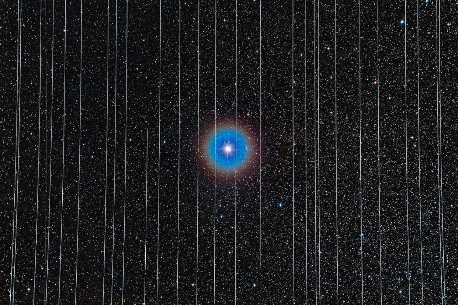 26 Aralık 2019'da çekilen Cygnus'taki çift yıldız Albireo. 2,5 dakikalık pozlamalarda, alanda hareket eden Starlink uyduları da kaydedildi (Rafael Schmall/Wikimedia Commons)