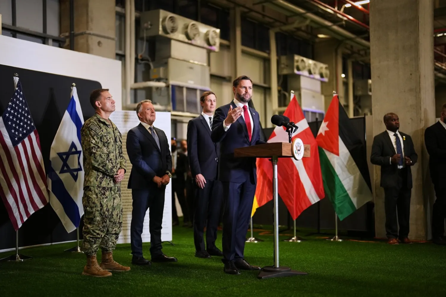 US Vice President JD Vance speak to the media as US Special Envoy to the Middle East Steve Witkoff and Jared Kushner stand next to him, in Kiryat Gat, Israel, Tuesday, Oct. 21, 2025. (AP)