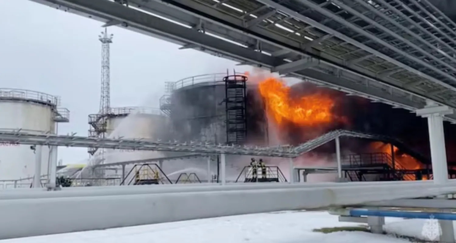 Firefighters extinguish oil tanks at a storage facility that local authorities say caught fire after the military brought down a Ukrainian drone, in the town of Klintsy in the Bryansk Region, Russia January 19, 2024, in this still image taken from video. Russian Emergencies Ministry/Handout via REUTERS/File Photo