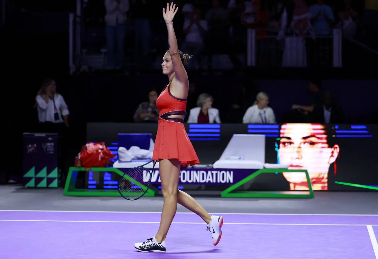 Tennis - WTA Finals - Riyadh - King Saud University Indoor Arena, Riyadh, Saudi Arabia - November 2, 2025 Belarus' Aryna Sabalenka celebrates after winning her round of 16 match against Italy's Jasmine Paolini REUTERS/Stephanie Lecocq