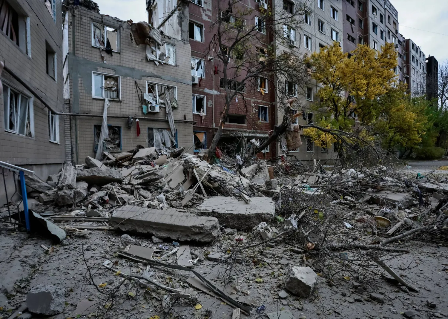 Apartment buildings damaged by a Russian military strike, amid Russia's attack on Ukraine, in the frontline town of Kostiantynivka in the Donetsk region, Ukraine, November 1, 2025. (Reuters) 
