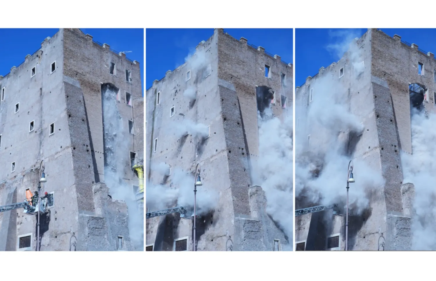 This combo of three pictures shows a cloud of debris from a second collapse surrounding firefighters who were trying to rescue a worker after a medieval tower near the Roman Forum partially collapsed during renovation work, in Rome, Italy, Monday Nov. 3 2025. (AP Photo/Domenico Stinellis)

