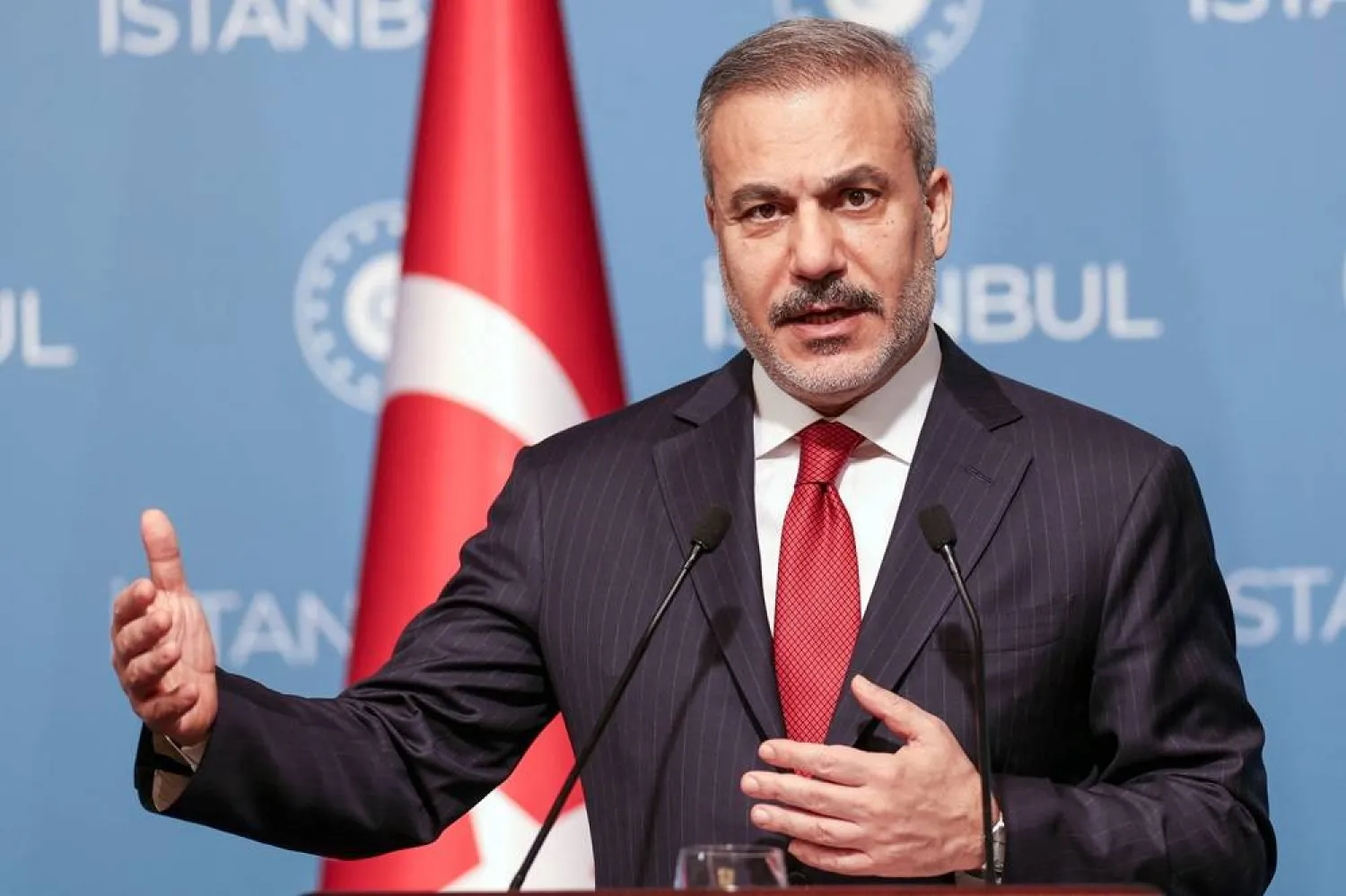 Turkish Foreign Minister Hakan Fidan speaks during a press conference after a ministerial meeting on Gaza, in Istanbul, Türkiye, November 3, 2025. (Reuters) 
