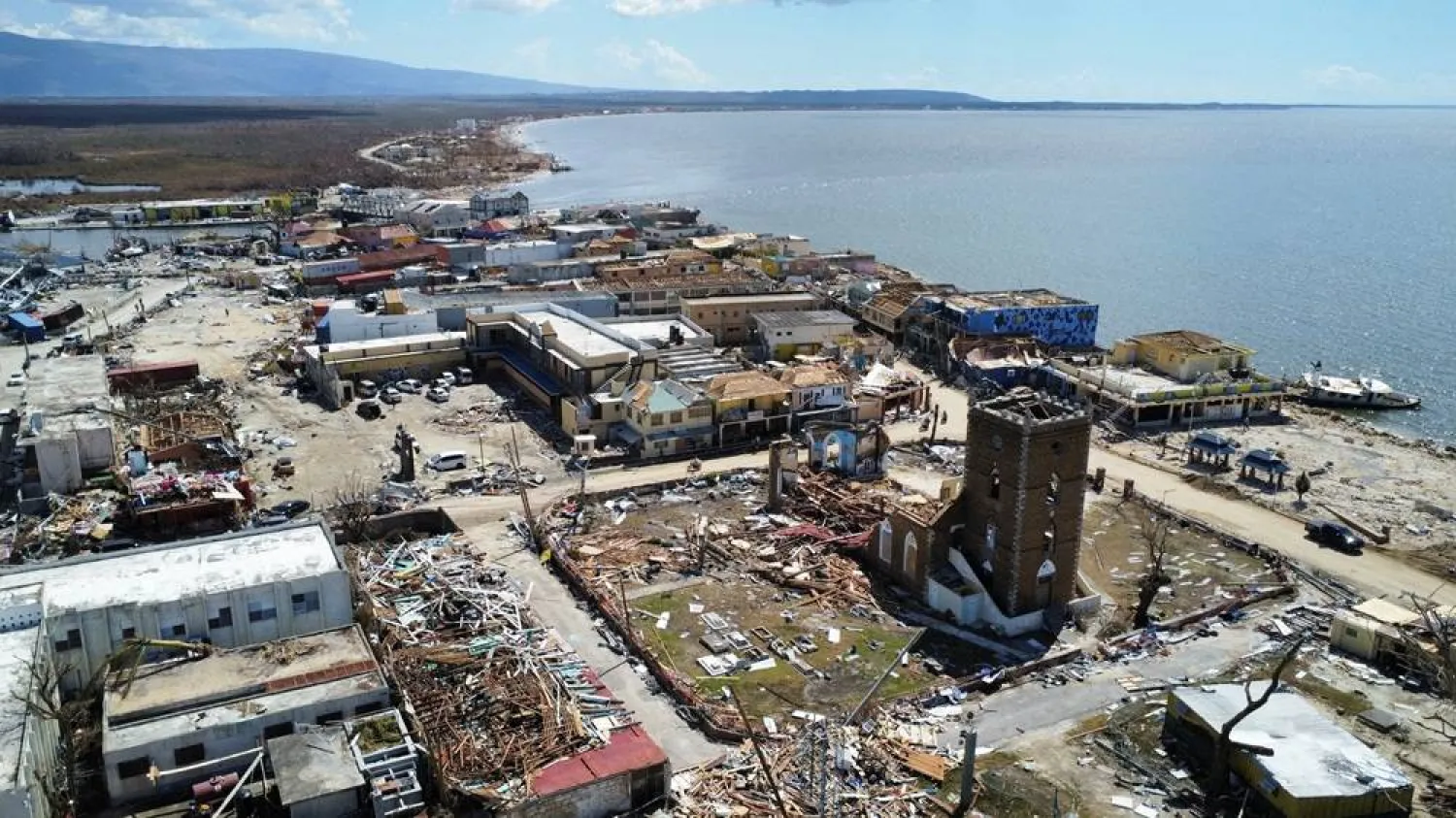 Drone view of a destroyed church and damaged buildings, in the aftermath of Hurricane Melissa, in Black River, Jamaica, November 2, 2025. (Reuters)