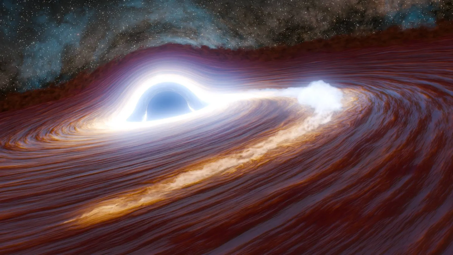 This illustration provided by Caltech shows a supermassive black hole shredding a large star to pieces, leading to a bright flare. (Robert Hurt, Caltech (IPAC) via AP) 