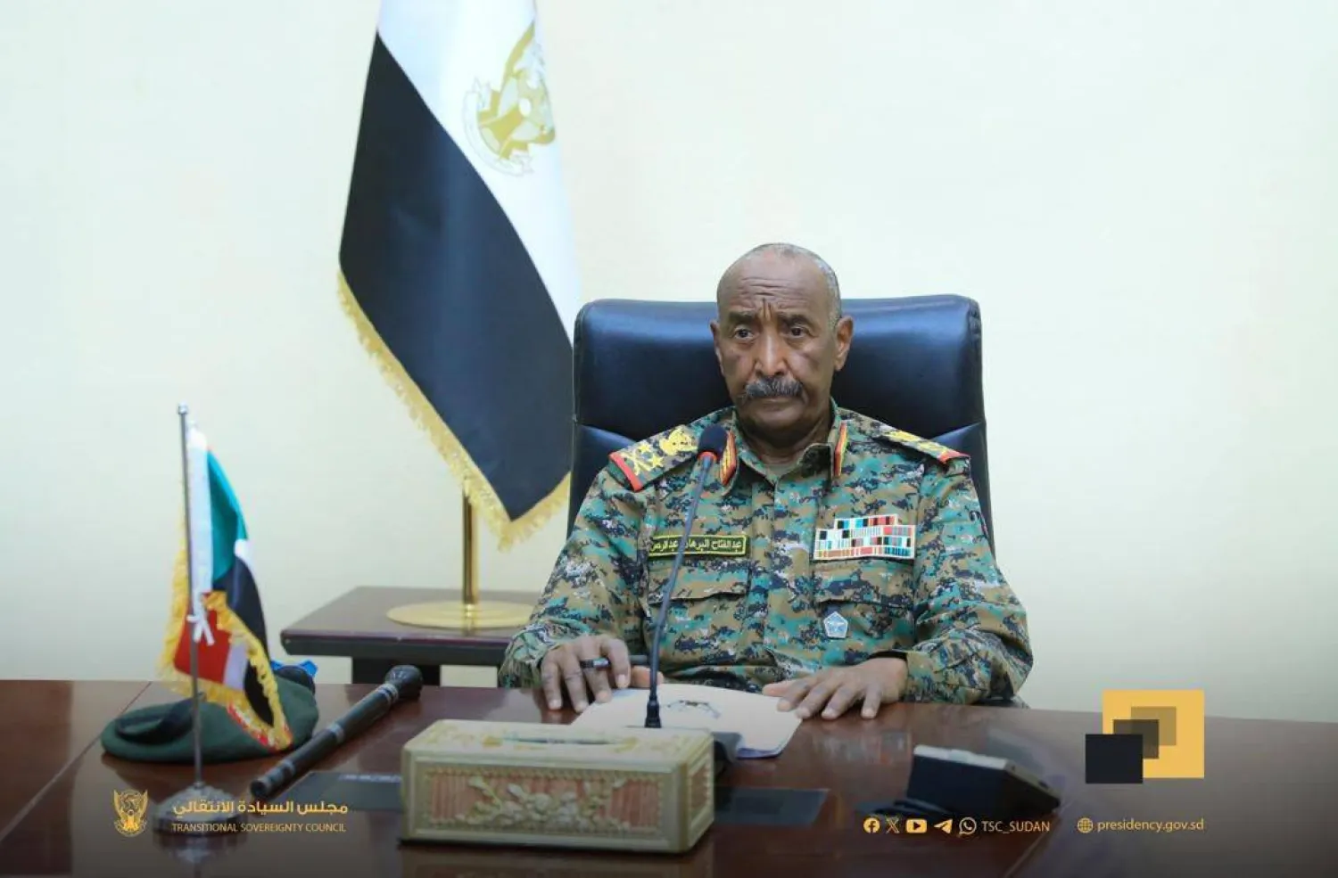 البرهان خلال ترؤسه اجتماع مجلس الأمن والدفاع السوداني (الثلاثاء) (اعلام مجلس السيادة)