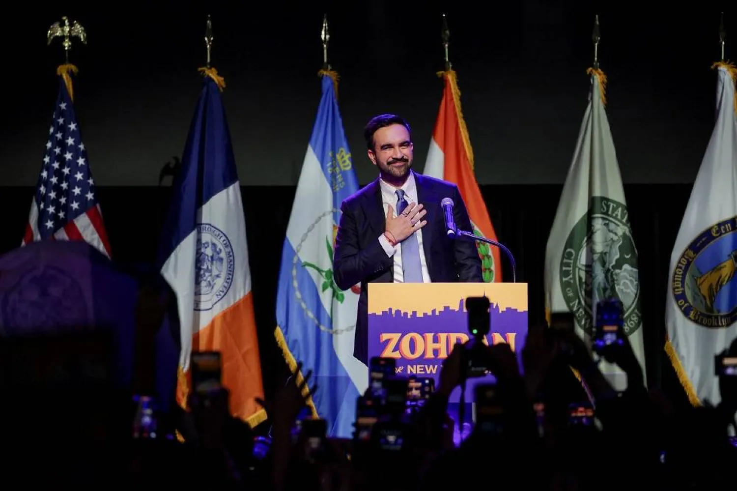Democratic candidate for New York City mayor Zohran Mamdani gestures on stage after winning the 2025 New York City Mayoral race, at an election night rally in the Brooklyn borough of New York City, New York, US, November 4, 2025. (Reuters)