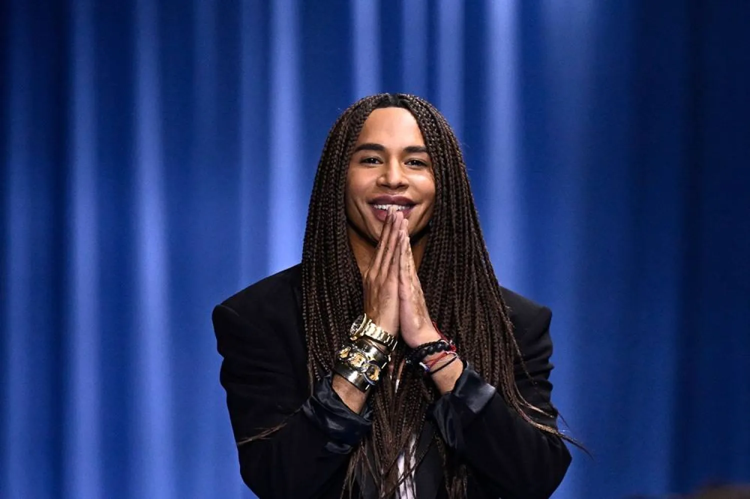 French fashion designer Olivier Rousteing acknowledges the audience at the end of the Balmain show as part of the Paris Fashion Week Womenswear Spring/Summer 2024, in Paris on September 27, 2023. (AFP)
