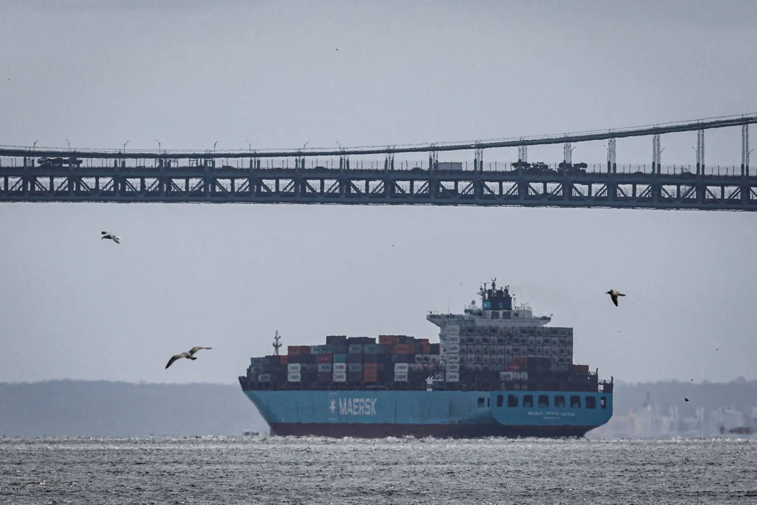 FILE PHOTO: Containers are stacked on the deck of cargo ship Maersk Monte Alegre under the Verrazzano-Narrows Bridge to enter New York Harbor as seen from Manhattan in New York City, US, April 2, 2025. REUTERS/Jeenah Moon/File Photo