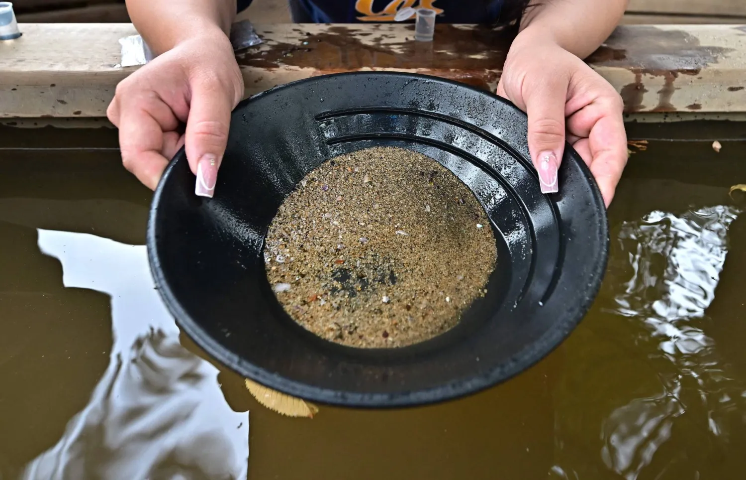 A woman pans for gold at the Matelot Gulch Mining Company on October 26, 2025 in the Sierra Nevada foothills town of Columbia, California. (Photo by Frederic J. BROWN / AFP)