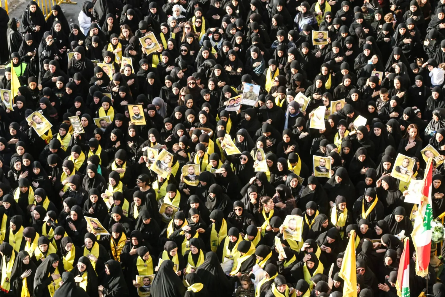 Hezbollah supporters attend the funeral of militants killed in recent Israeli attacks, in the southern city of Nabatiyeh on November 2, 2025. (Photo by MAHMOUD ZAYYAT / AFP)