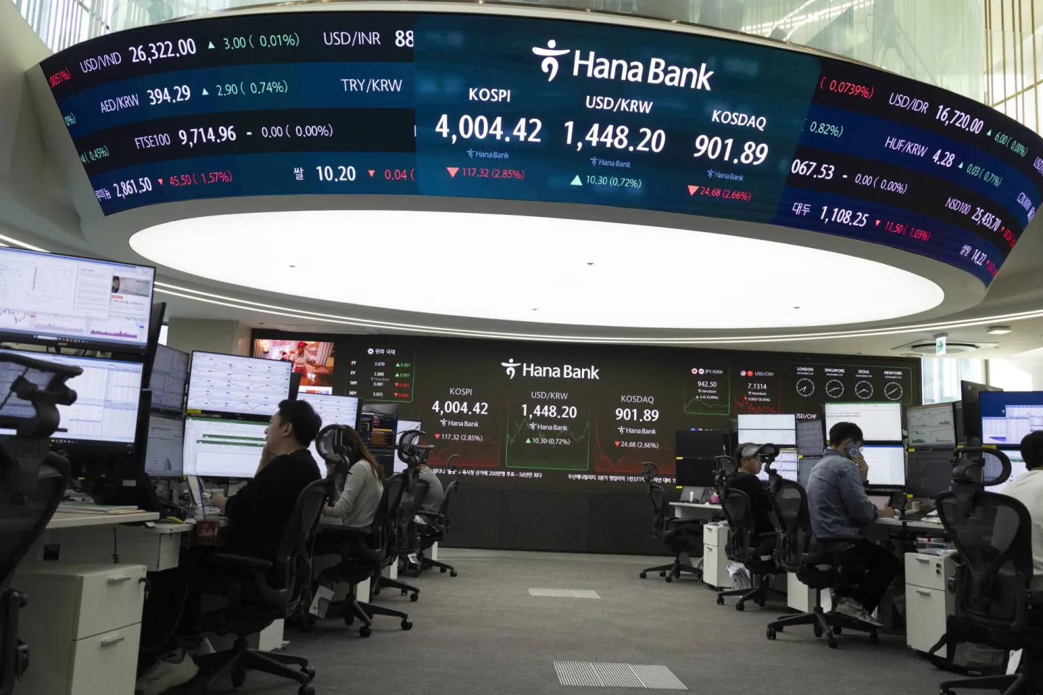 يتابع سماسرة عملهم أمام شاشات المراقبة في بنك هانا بسيول (إ.ب.أ)