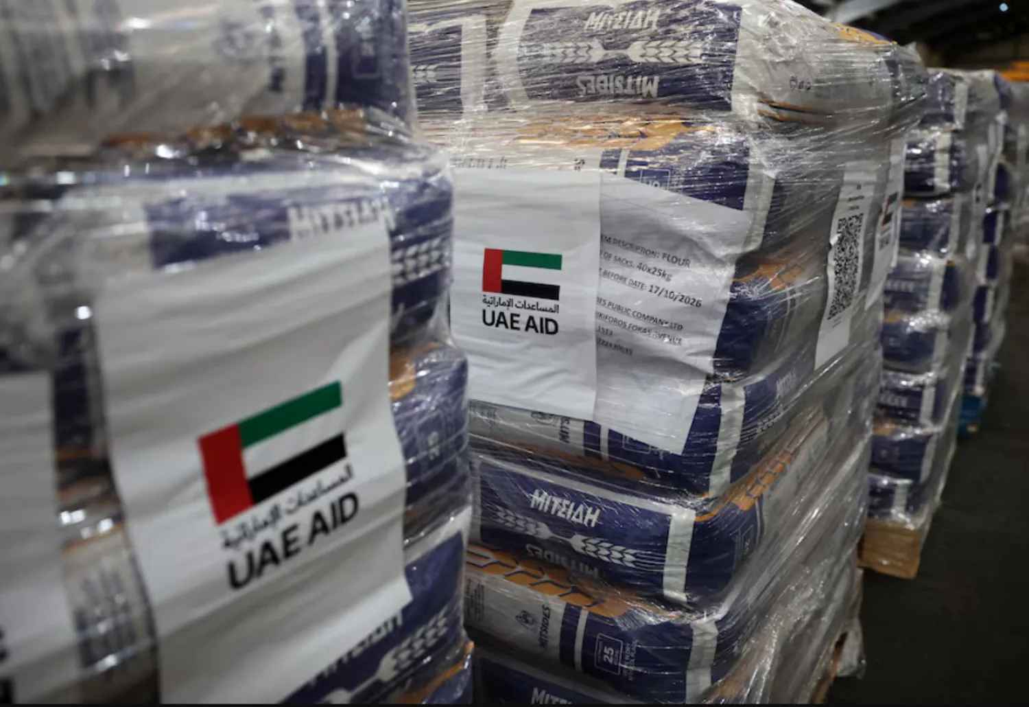Aid donated by the UAE for the people of Gaza is stored in a warehouse at the port of Limassol, Cyprus November 7, 2025. REUTERS/Yiannis Kourtoglou P