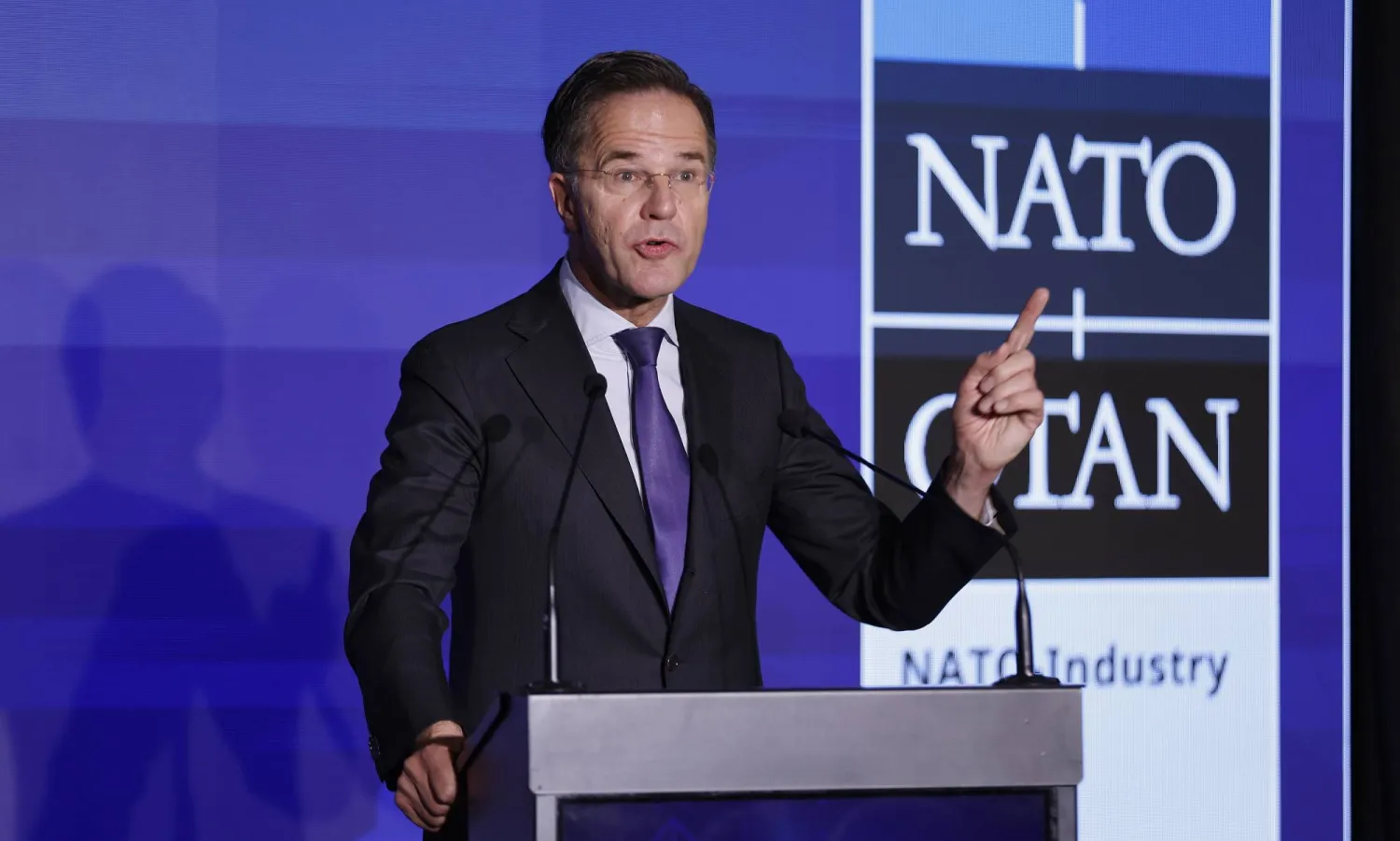 NATO Secretary General Mark Rutte delivers the opening speech for a plenary session of the NATO Industry Forum 2025, in Bucharest, Romania, 06 November 2025. EPA/ROBERT GHEMENT