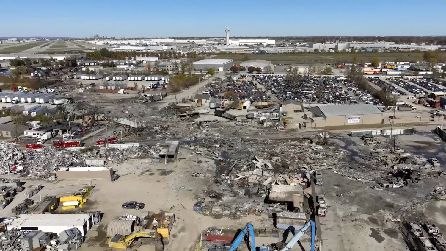 A drone view of the crash site next to a runway at the Muhammad Ali International Airport following the crash of a UPS cargo plane in Louisville, Kentucky, US, in this screengrab from a video released November 7, 2025.    NTSB/Handout via REUTERS 