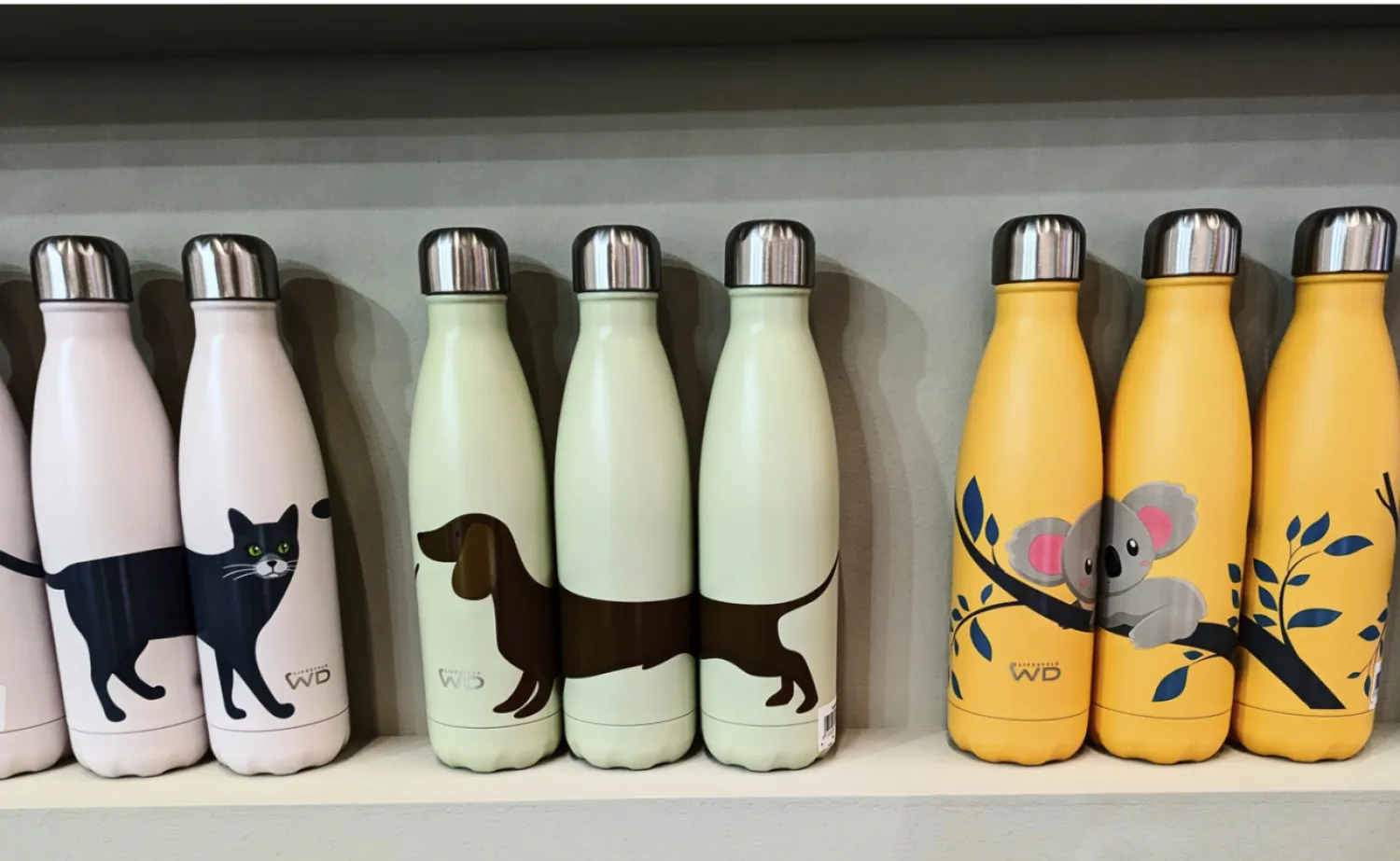 A selection of Lifestyle WD water bottles featuring animals are displayed at the Ambiente homewares trade fair in Frankfurt, Germany in Feb. 2025. (Kim Cook via AP)
