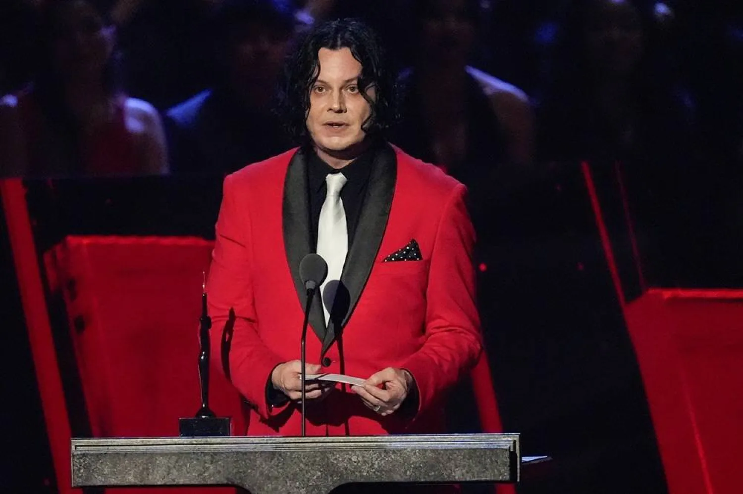 Inductee Jack White of The White Stripes speaks during the 2025 Rock and Roll Hall of Fame Induction Ceremony on Saturday, Nov. 8, 2025, at LA Live in Los Angeles. (AP) 