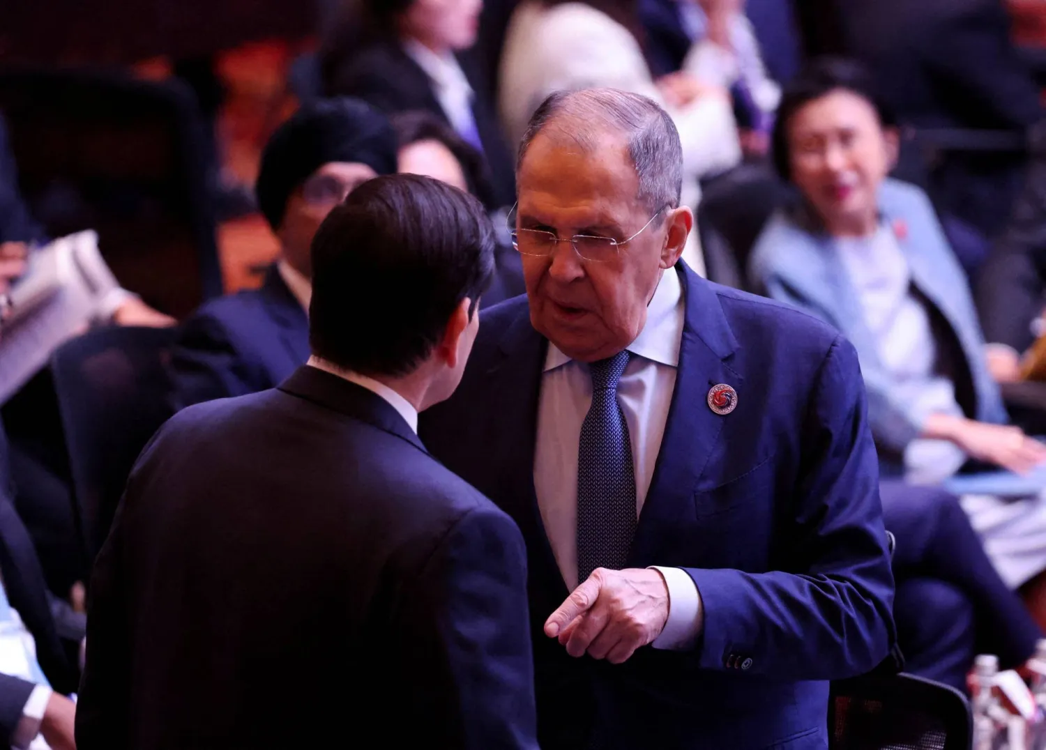 Russia's Foreign Minister Sergei Lavrov and US Secretary of State Marco Rubio speak during the 15th East Asia Summit Foreign Ministers' Meeting at the Convention Center in Kuala Lumpur, Malaysia July 11, 2025. (AFP)