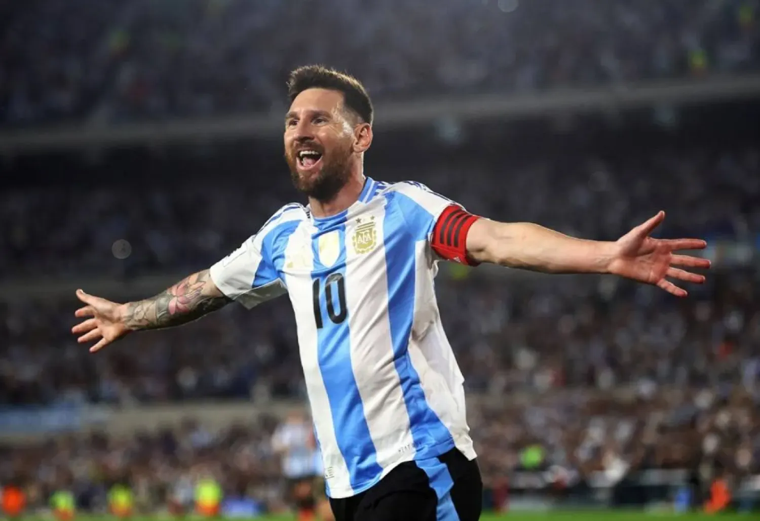 Football - World Cup - South American Qualifiers - Argentina v Bolivia - Estadio Mas Monumental, Buenos Aires, Argentina - October 15, 2024 Argentina's Lionel Messi celebrates scoring their first goal. (Reuters)
