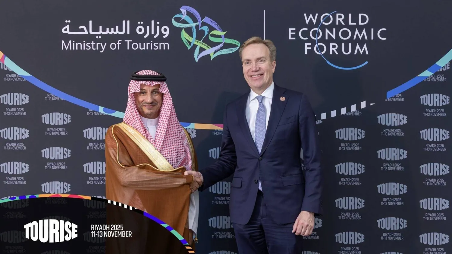 Tourism Minister Ahmed Al-Khateeb and World Economic Forum CEO Børge Brende shook hands after announcing the “Beyond Tourism” initiative (X)
