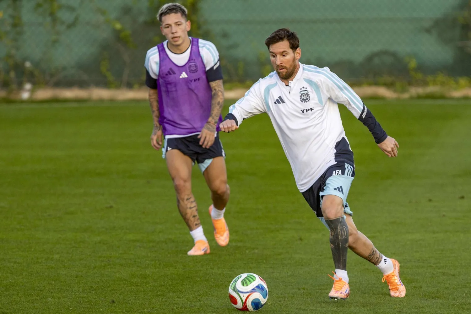 Argentina's Lionel Messi (R) takes part in a training session in Algorfa, Alicante, Spain, 11 November 2025. EPA/Marcial Guillen