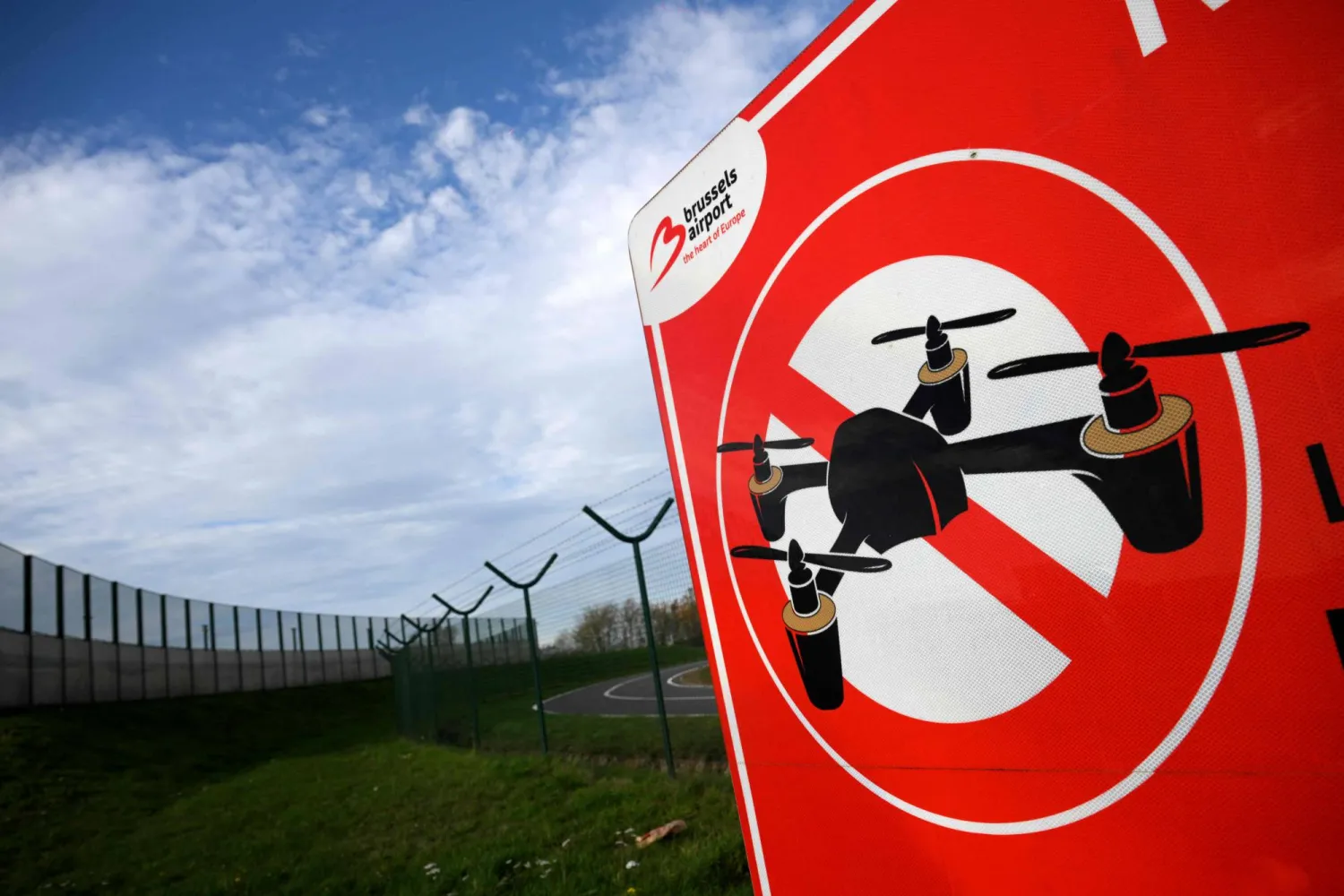 This photograph shows a sign reading "No drone zone" at Brussels Airport in Zaventem on November 5, 2025.  (Photo by Nicolas TUCAT / AFP)