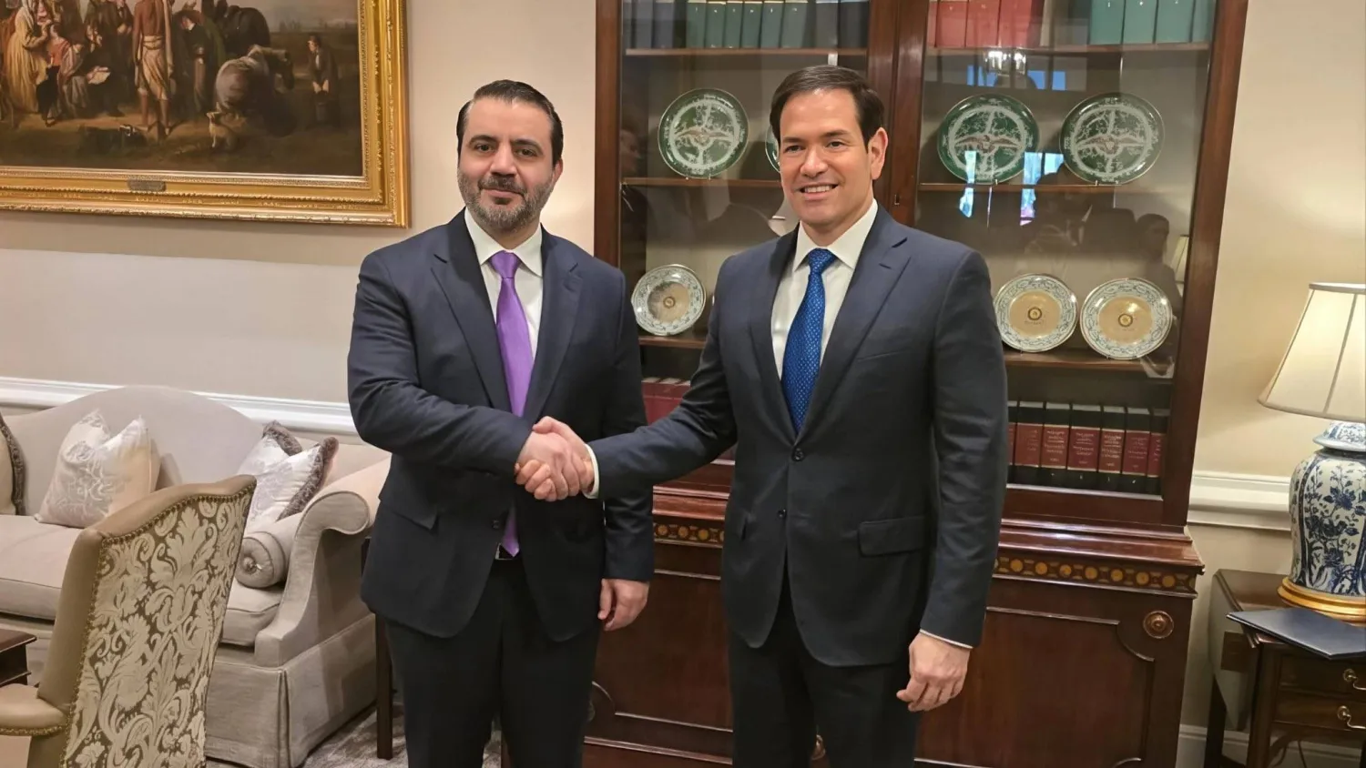 وزير الخارجية السوري أسعد الشيباني ونظيره الأميركي ماركو روبيو في واشنطن (حساب الشيباني عبر منصة إكس)