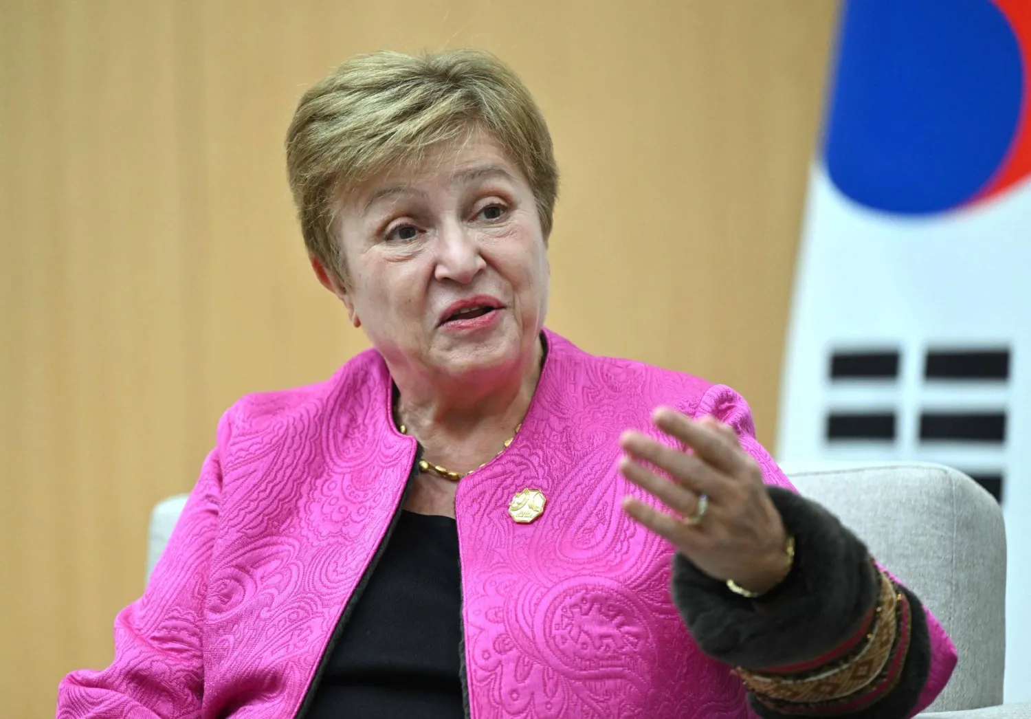 International Monetary Fund (IMF) Managing Director Kristalina Georgieva speaks during a meeting with South Korean President Lee Jae Myung on the sidelines of the Asia-Pacific Economic Cooperation (APEC) summit in Gyeongju on October 31, 2025. (Photo by JUNG YEON-JE / POOL / AFP)